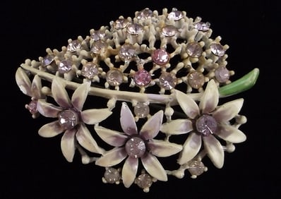 Stunning Vintage 1950s Enameled Rhinestone Flower Brooch
