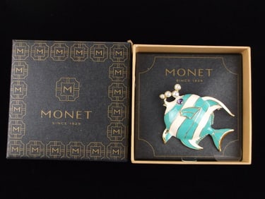 New Boxed Monet Enameled Rhinestone Tropical Fish Brooch $26