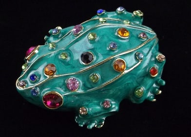 Big Mint Enameled Rhinestone Frog Brooch