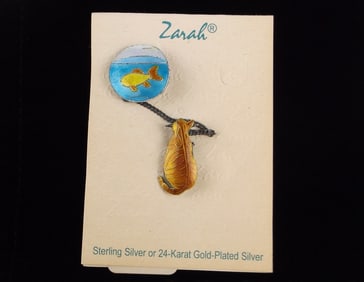 New Vintage Zarah Sterling Silver Tabby Cat In Fishbowl Brooch
