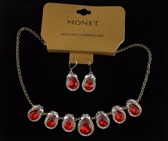New Monet Ruby Red Rhinestone Necklace Earrings 20" $32