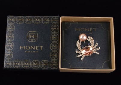 New Boxed Monet Rhinestone Crab Brooch $26