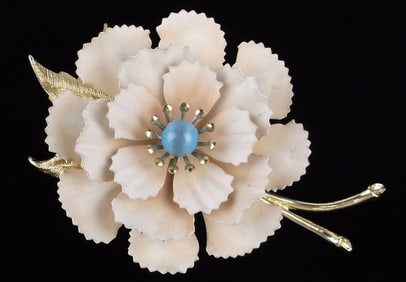 Big Mint Vintage 1960s Enameled Rhinestone Flower Brooch