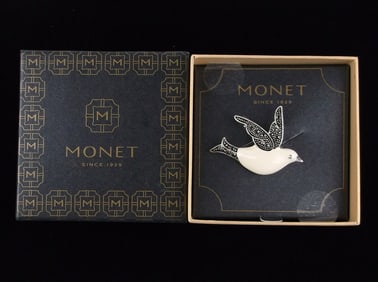 New Boxed Monet Enameled Rhinestone Dove Bird Brooch