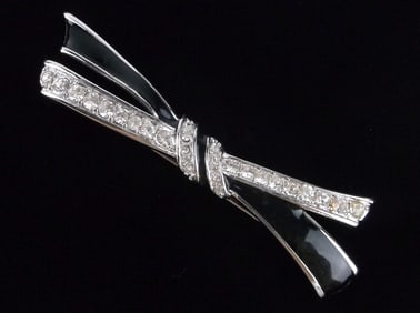 Mint Big Vintage 1970s Enameled Rhinestone Bow Brooch
