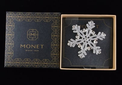 New Boxed Monet Enameled Rhinestone Snowflake Brooch