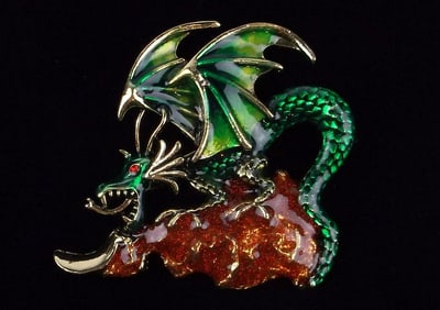 Mint Enameled Rhinestone Dragon Brooch