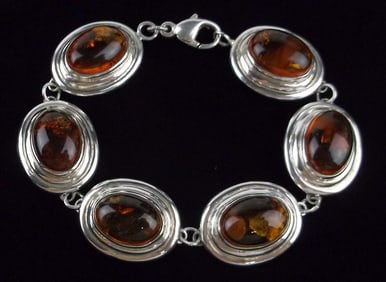 Mint Vintage Sterling Silver Genuine Amber Bracelet 7"