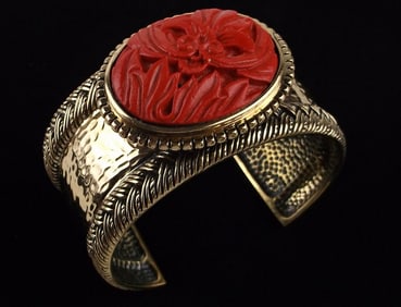 Big New Vintage Barse Bronze Cinnabar Cuff Bracelet 8"
