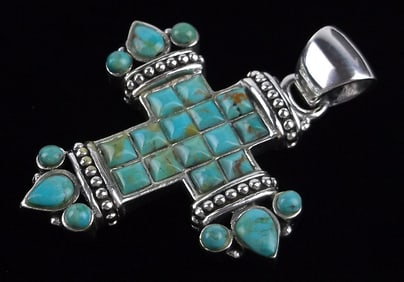 Big Mint Very Heavy Barse Sterling Silver Turquoise Cross Pendant