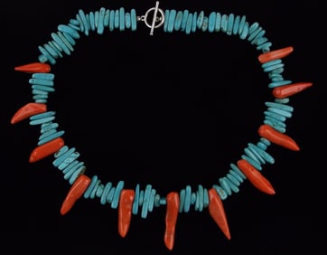 Big Mint Vintage Sterling Silver Turquoise Red Coral Necklace 18"
