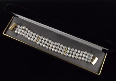 New Vintage 14kt Gold 3 Strand Pearl Bracelet 7.5"