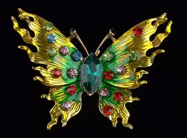 Big Mint Enameled Rhinestone Butterfly Brooch