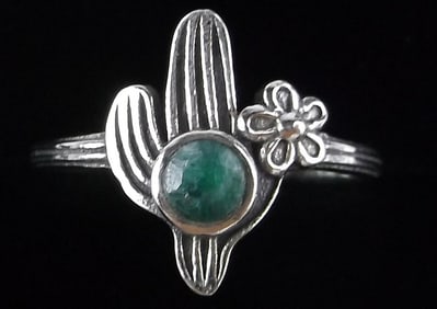 New Sterling Silver Emerald Cactus Ring 7.5
