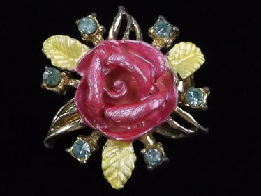 Gorgeous Antique 1940s Enameled Rhinestone Rose Brooch