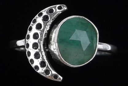 New Bali Sterling Silver 1ct Emerald Moon Ring Adjust 8-10
