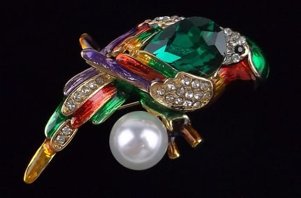 Mint Enameled Rhinestone Parrot Bird Brooch
