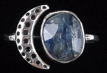 New Sterling Silver Blue Spinel Moon Ring Adjust 7-9
