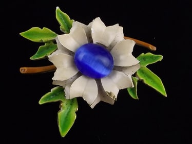 Stunning Vintage 1960s Gemstone Enameled Flower Brooch