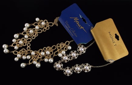 2 New Monet Faux Pearl Necklace Lot 20" $68