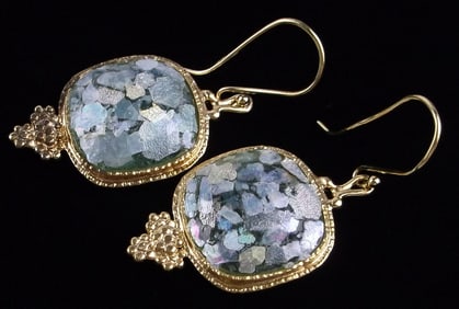New Designer Gold Over Sterling Silver Roman Glass Earrings