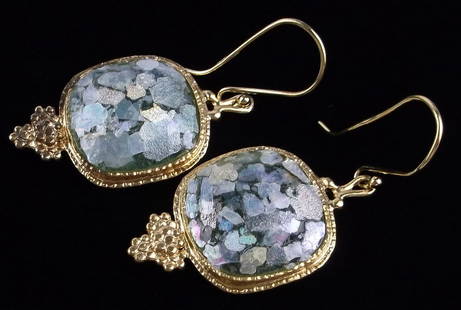 New Designer Gold Over Sterling Silver Roman Glass Earrings: Solid Sterling Silver Guaranteed, in Brand New Never Worn Condition.