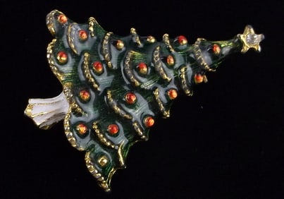 Stunning Vintage Enameled Rhinestone Christmas Tree Brooch