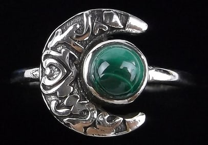 New Sterling Silver Malachite Moon Ring 7