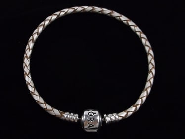 New Pandora Sterling Silver Leather Band Bracelet 7.5"