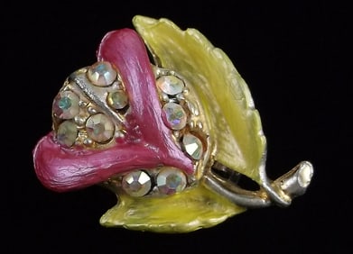 Stunning Antique 1930s Enameled Rhinestone Flower Brooch