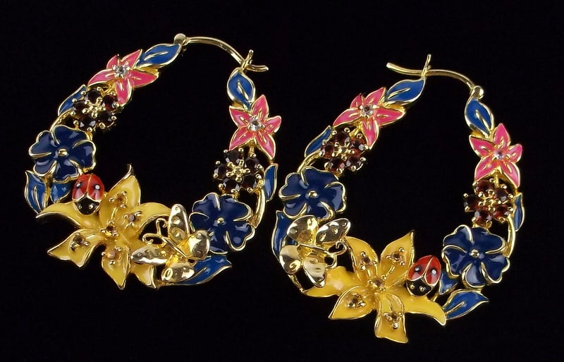 New Designer Gold Over Sterling Garnet Ladybug Earrings Enameled: Solid Sterling Silver Guaranteed, in Brand New Never Worn Condition.