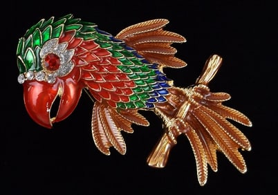 Big Mint Enameled Rhinestone Parrot Bird Brooch