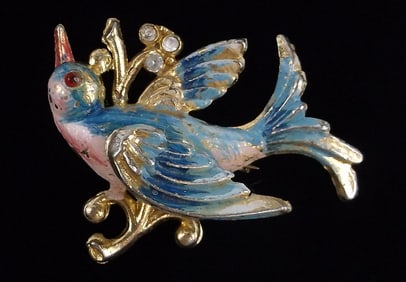 Gorgeous Antique 1930s Enameled Rhinestone Bird Brooch