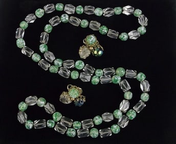 Mint Antique 1940s Murano Art Glass Necklace Earrings 32"