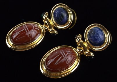 Big Mint Vint Designer Lapis Egyptian Scarab Earrings