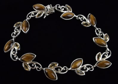 New Designer Sterling Silver Citrine Tigers Eye Tennis Bracelet 7.5"