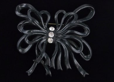Big Mint Antique 1930s Celluloid Rhinestone Bow Brooch