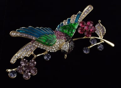 Big Mint Enameled Rhinestone Bird Brooch