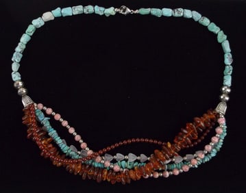 Mint Big Carolyn Pollack Sterling Turquoise Amber Necklace 22"