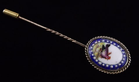 Mint Antique English 1930s 10kt Gold Hand Painted Bird Pin