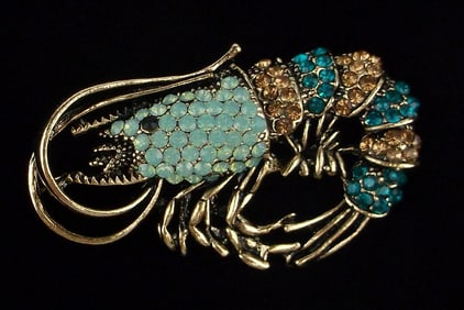 Mint Enameled Rhinestone Shrimp Brooch Life Size