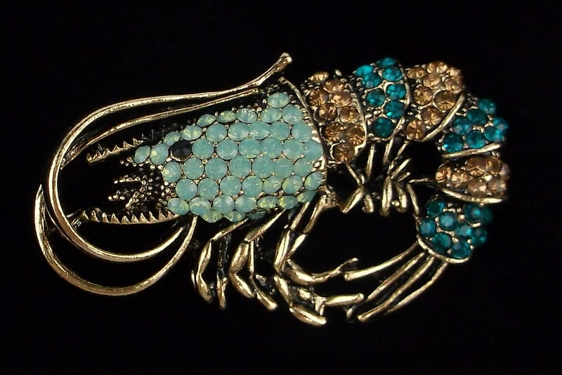 Mint Enameled Rhinestone Shrimp Brooch Life Size