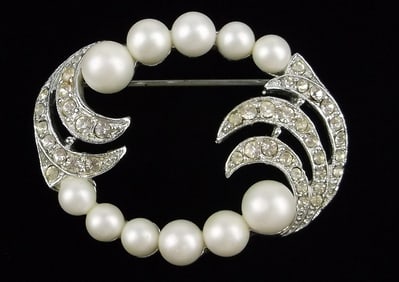 Mint Vintage 1950s Faux Pearl Rhinestone Brooch