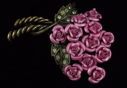 Mint Vintage Enameled Rhinestone Rose Bouquet Brooch