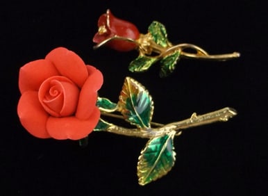 2 Mint Vintage 1960s Rose Brooch Lot