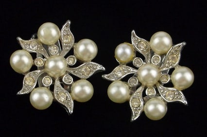 Stunning Vint 1950s Charel Rhinestone Faux Pearl Earrings