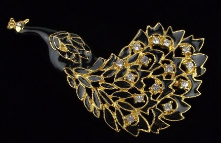 Mint Vintage Enameled Rhinestone Peacock Brooch