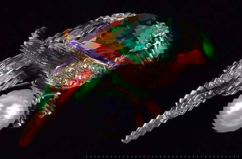 Mint Enameled Rhinestone Parrot Bird Brooch: Mint Condition, In Like New Condition, Perfect