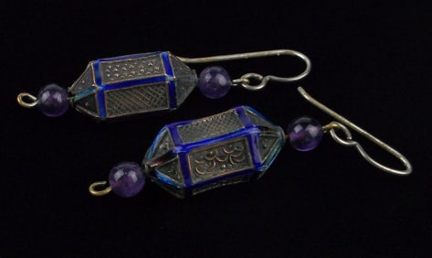 Stunning Vintage Cloisonne Amethyst Lantern Earrings