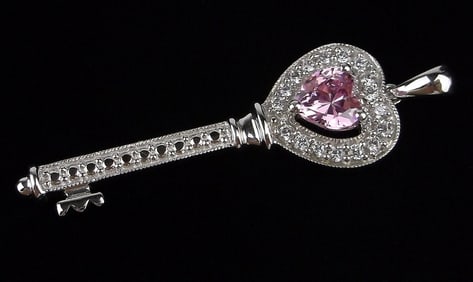 New Designer Vint Sterling Silver Pink Tourmaline Key Pendant